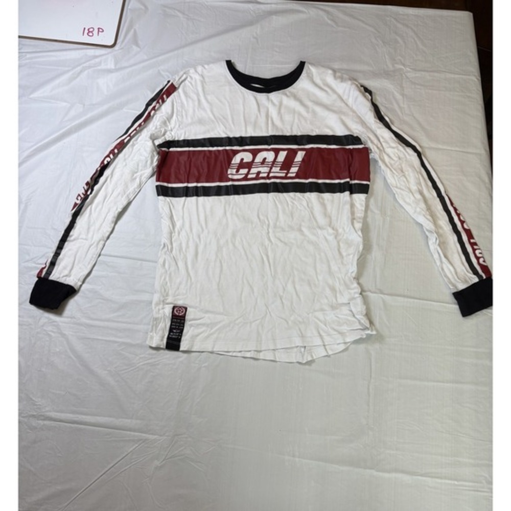 Mens Vox Populi graphic tshirt, white/red/black, CALI, Size Medium, long sleeve
